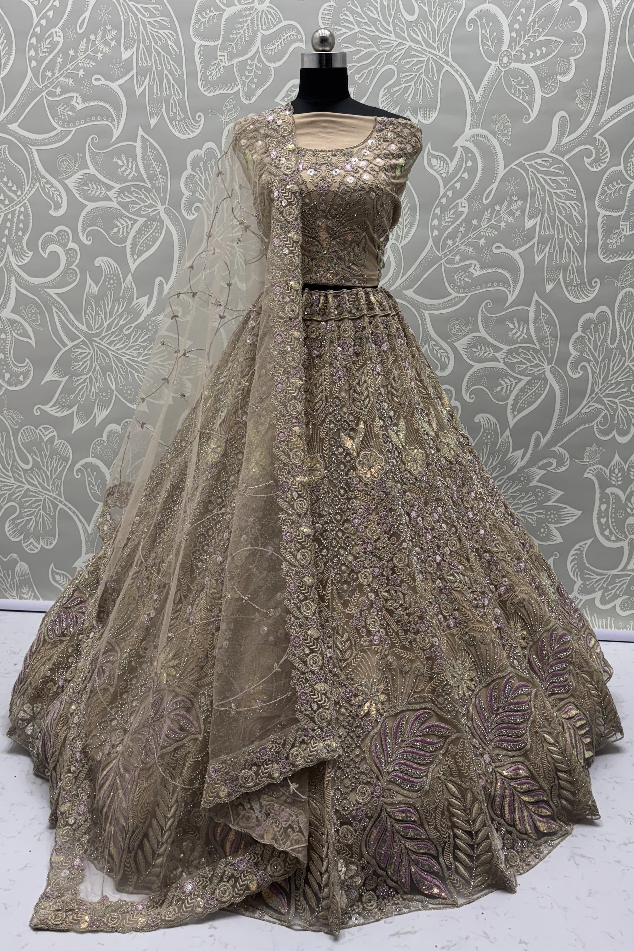 Golden Net A - Line Lehenga Choli with Diamond, Dori, Embroidered, Fancy, Multi, Sequins, Thread and Zircon Work
